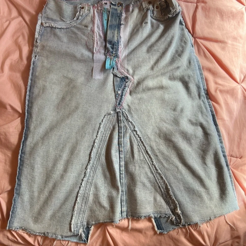 Handmade A-Line Denim Skirt with Cherry Blossom patches and Zipper Closure.